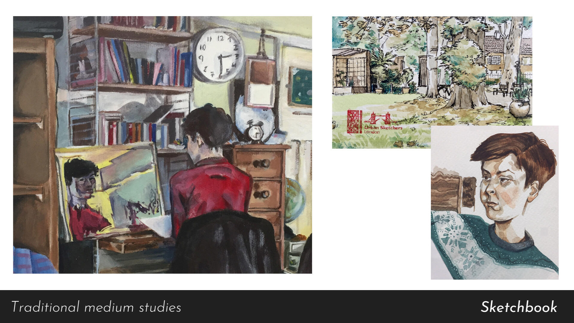 Self portraits in acrylic and watercolour, Urban Sketchers watercolour painting